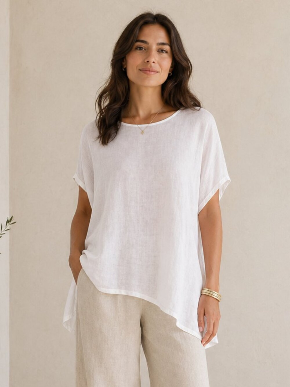 Eileen Fisher White Linen Blouse Size Large Oversized Semi Sheer Short Sleeve